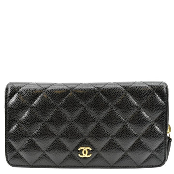 CHANEL Zip Around Quilted Caviar Leather Wallet Black