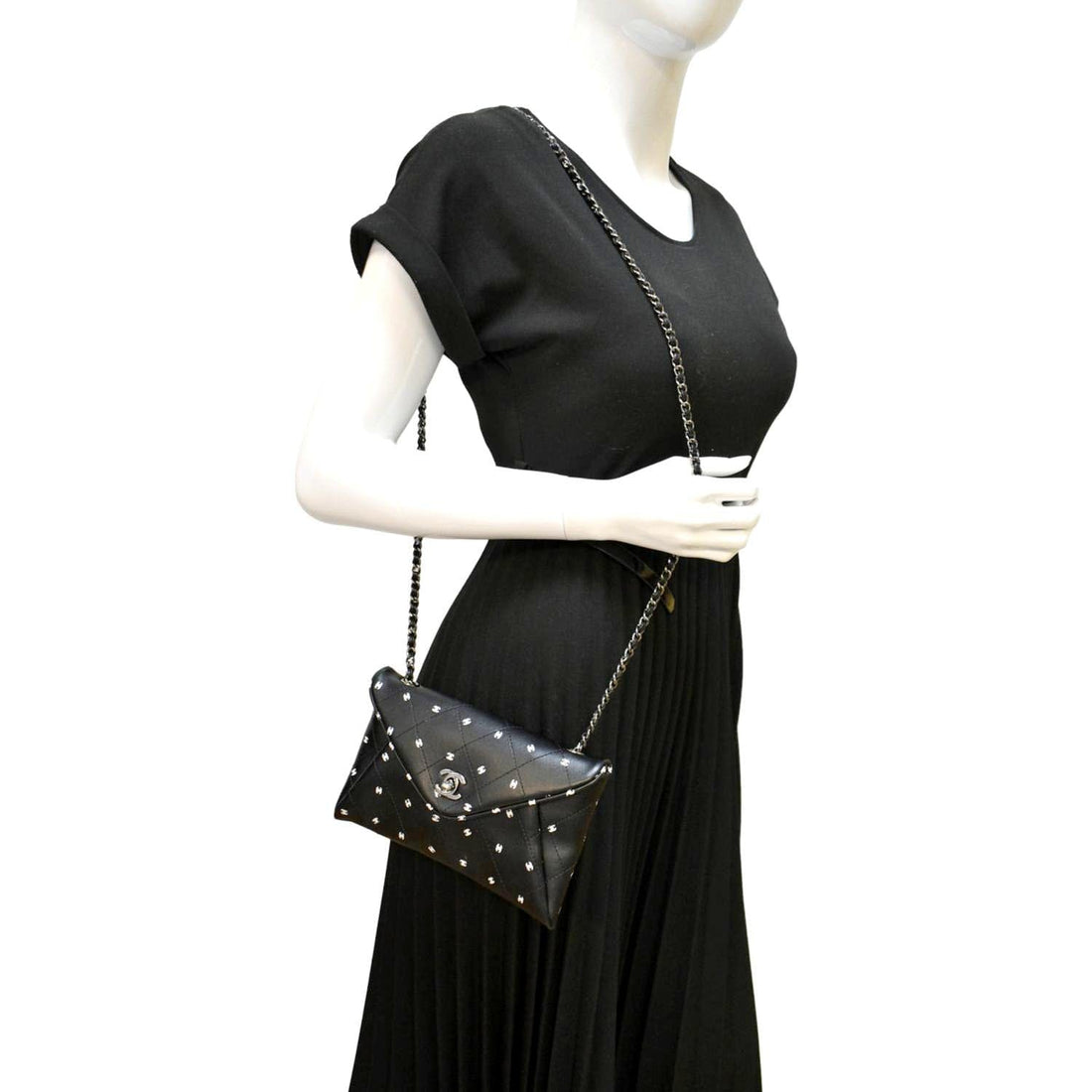 CHANEL CC Envelope Printed  Leather Chain Clutch Bag Black