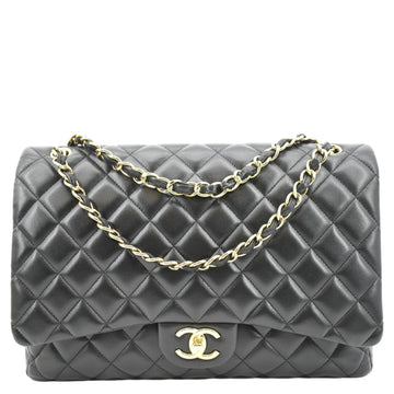 CHANEL Maxi Double Flap  Leather Shoulder Bag Black