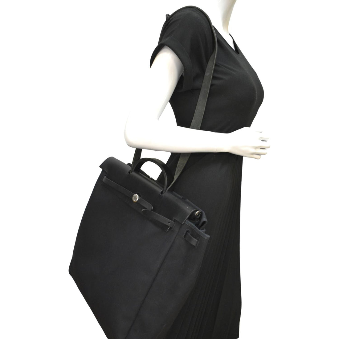 HERMES Herbag Canvas Leather Shoulder Bag Black