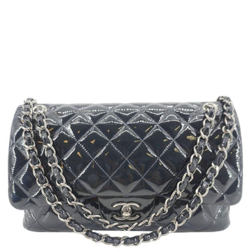 CHANEL Classic Double Flap Quilted Patent Leather Shoulder Bag Navy Blue