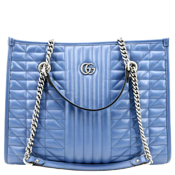 GUCCI GG Marmont Medium Metelasse Leather Tote Shoulder Bag Blue 675796