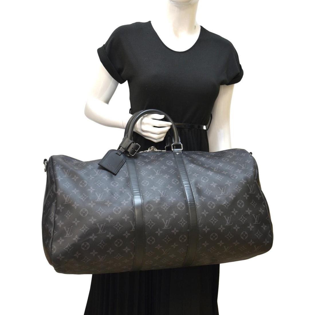LOUIS VUITTON Keepall 55 Bandouliere Monogram Eclipse Travel Bag Black