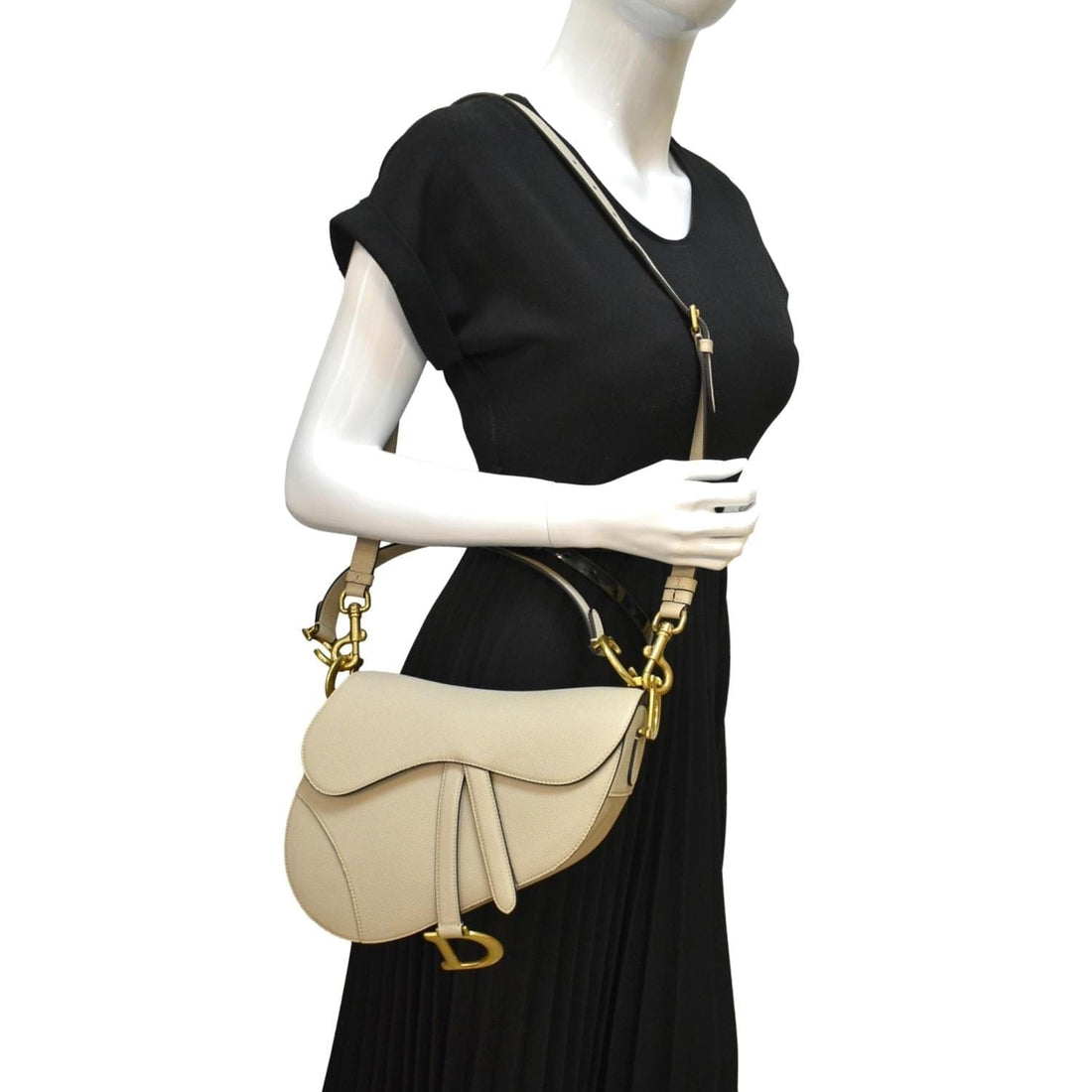 CHRISTIAN DIOR Saddle Grained  Leather Shoulder Bag Beige