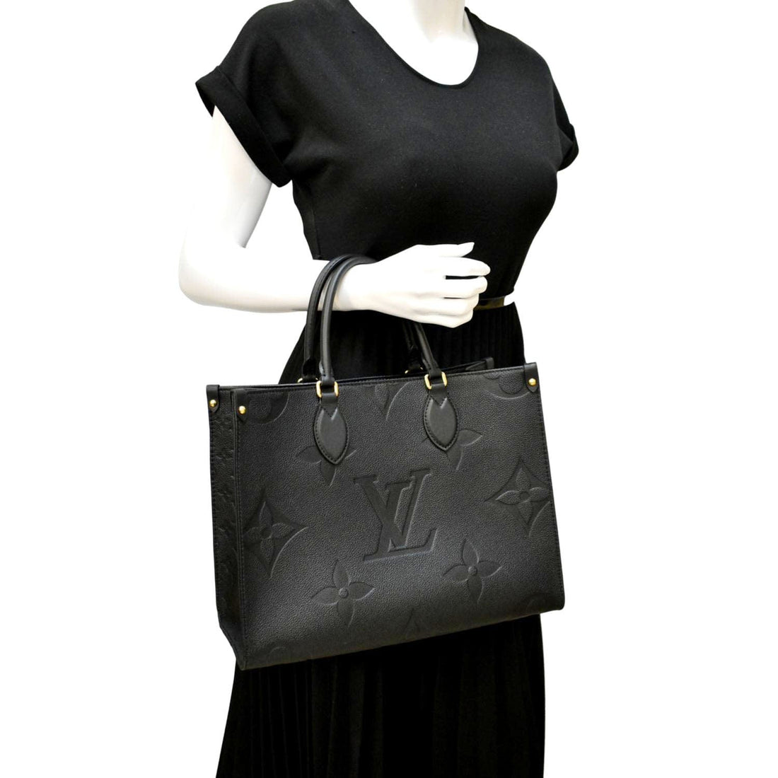 LOUIS VUITTON Onthego MM Giant Monogram Empreinte Leather Tote Bag Black