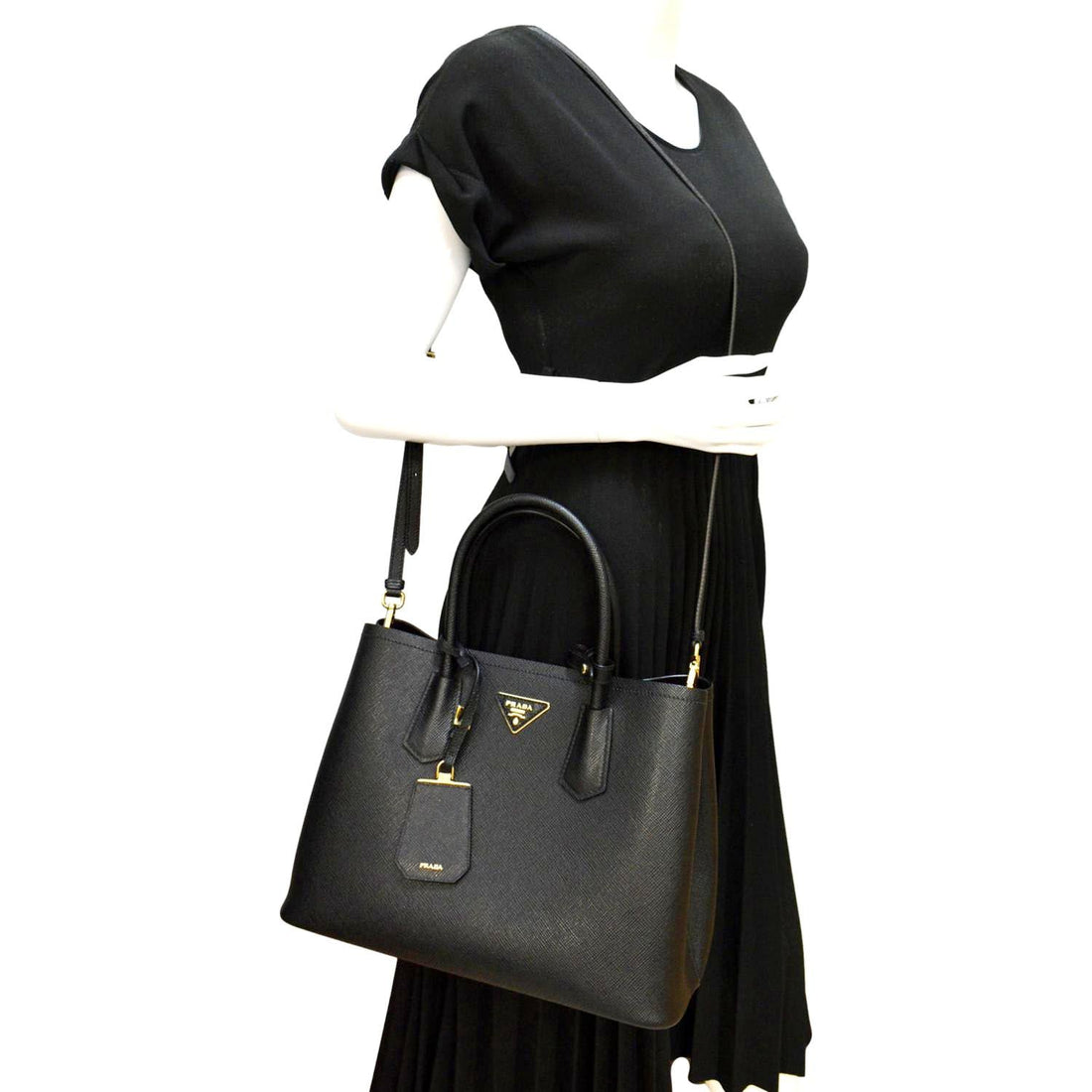 PRADA Double-Zip Saffiano Leather Shoulder Tote Bag Black