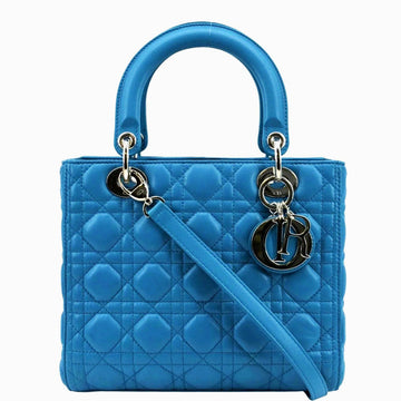 CHRISTIAN DIOR Medium Lady Dior Cannage  Leather Shoulder Bag Blue
