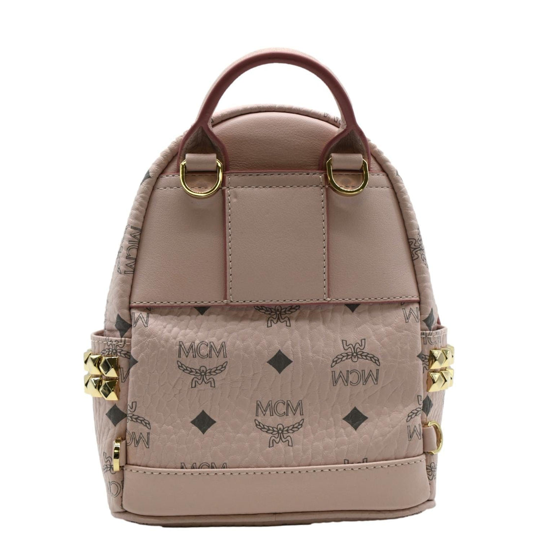 MCM Stark Bebe Boo Studded Mini Visetos Logo Leather Backpack Bag Pink