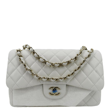 CHANEL Jumbo Double Flap Quilted Caviar Leather Shoulder Bag White