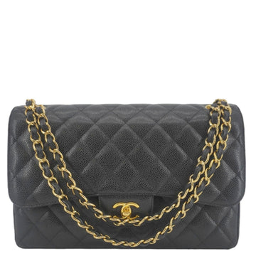 CHANEL Classic Jumbo Double Flap Quilted Caviar Leather Shoulder Bag Black