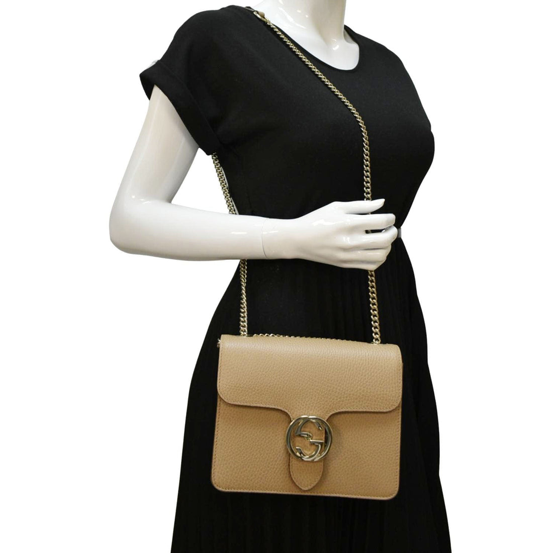 GUCCI Interlocking G  Leather Shoulder Bag Beige 510304