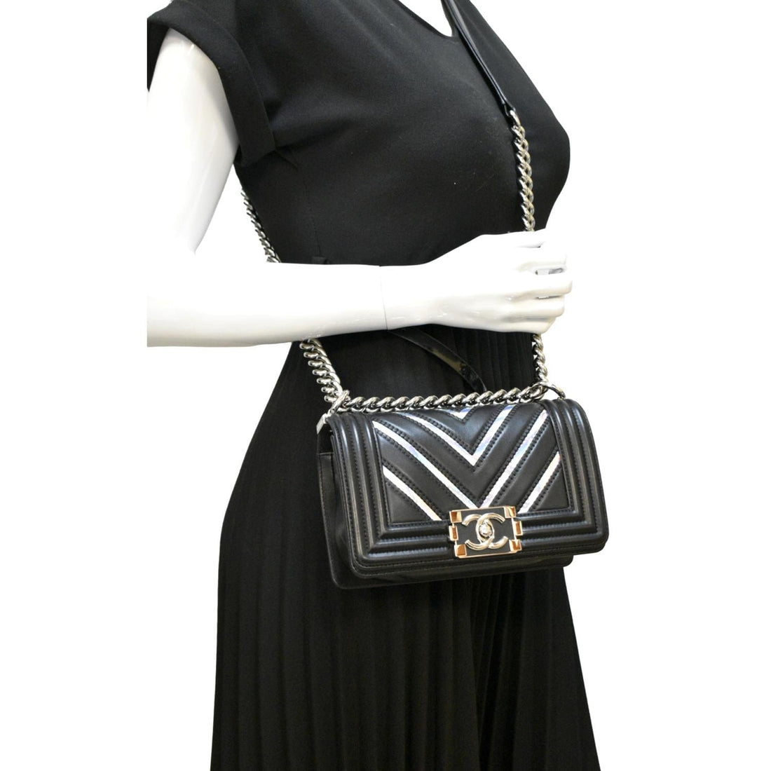 CHANEL Boy Chevron Leather Holographic PVC Crossbody Bag Black