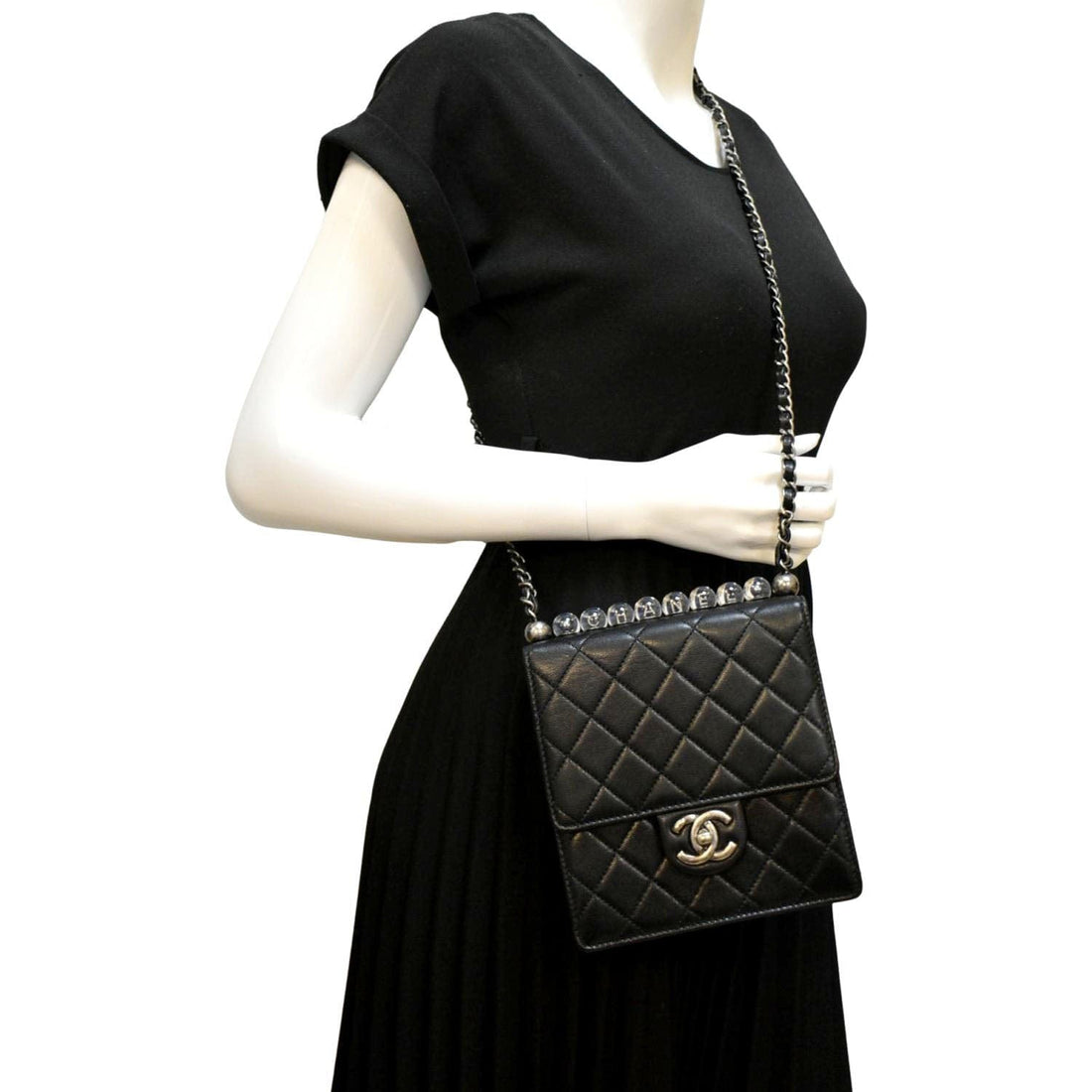 CHANEL Chic Pearls Flap Quilted  Leather Shoulder Bag Black