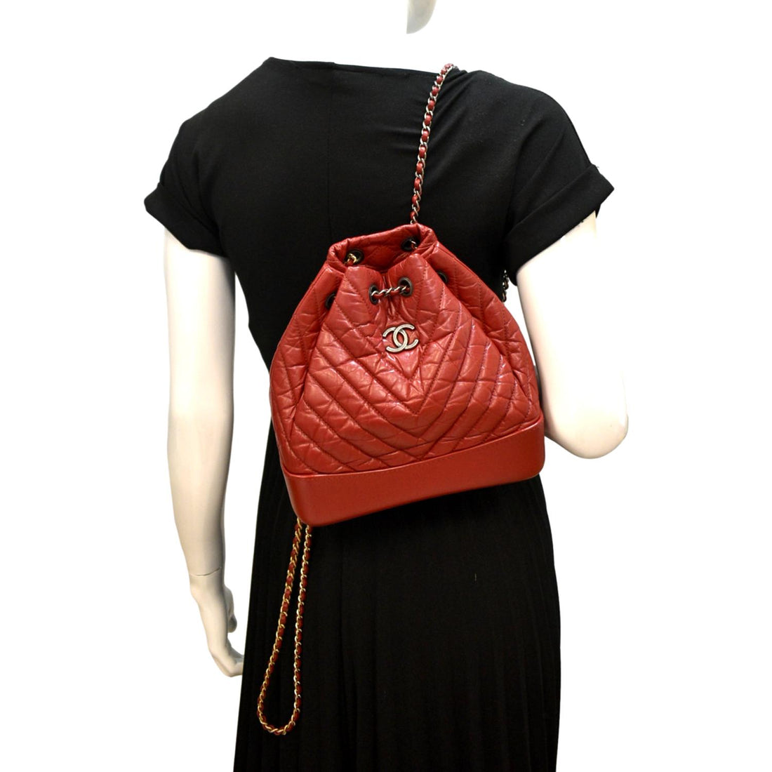 CHANEL Gabrielle Chevron Aged  Leather Backpack Bag Red