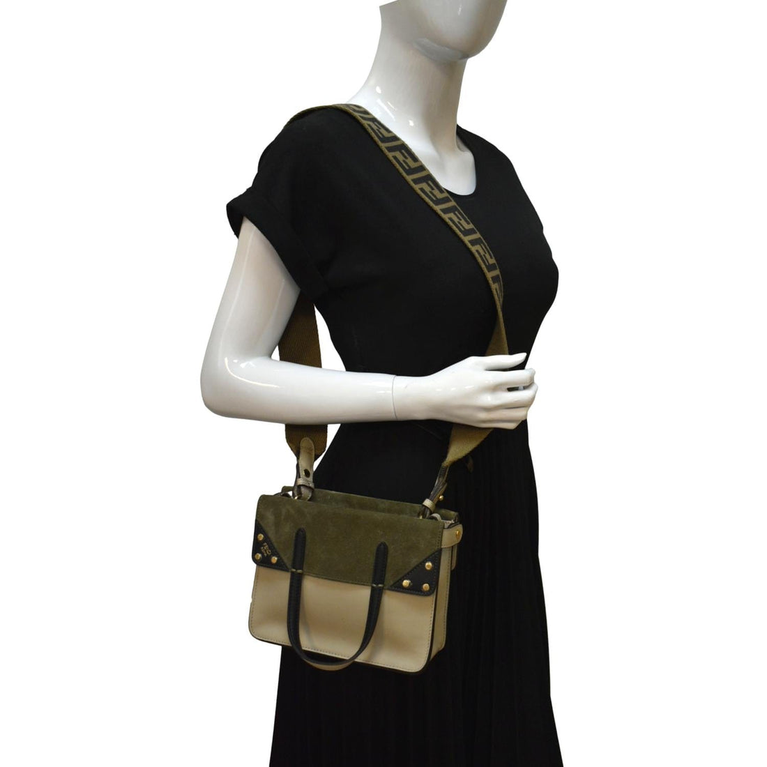 FENDI Flip Mini FF Motif  Leather Crossbody Bag Green