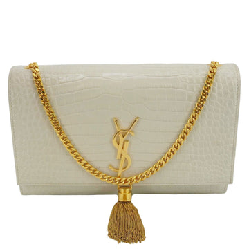 YVES SAINT LAURENT Kate Tassel Medium Crocodile Embossed Leather Crossbody Bag White