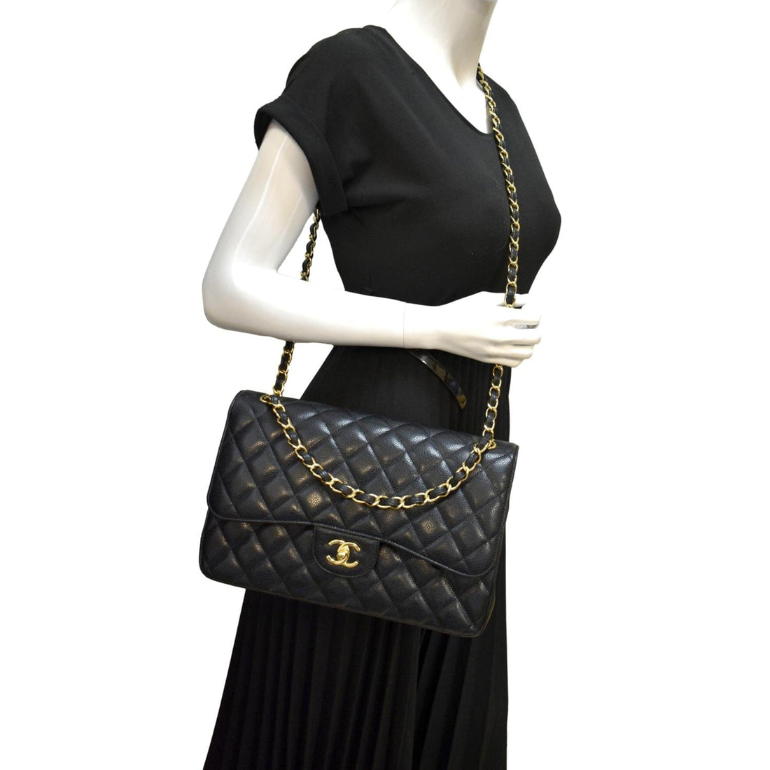CHANEL Classic Jumbo Double Flap Quilted Caviar Leather Shoulder Bag Black