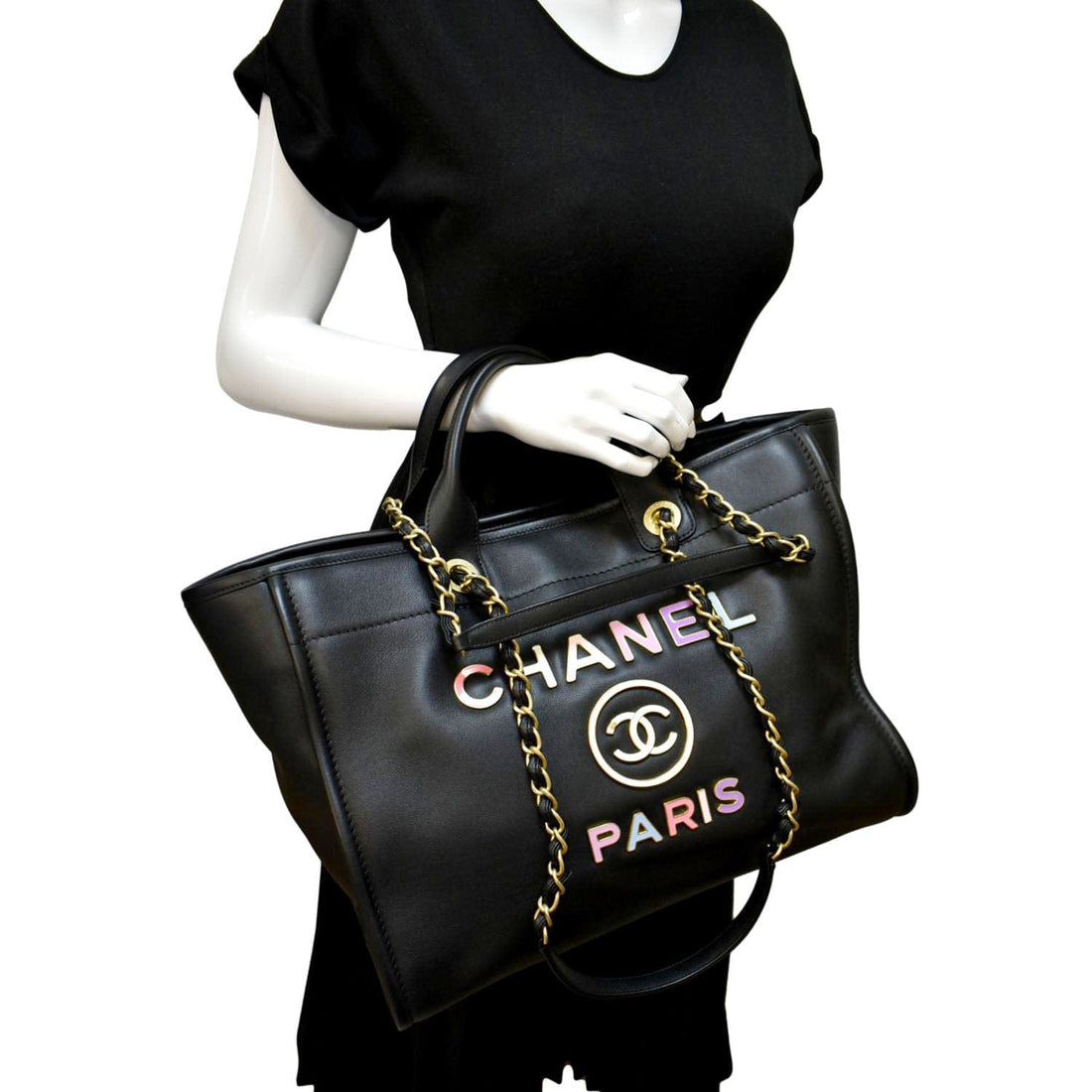 CHANEL Deauville Medium  Leather Tote Bag Black