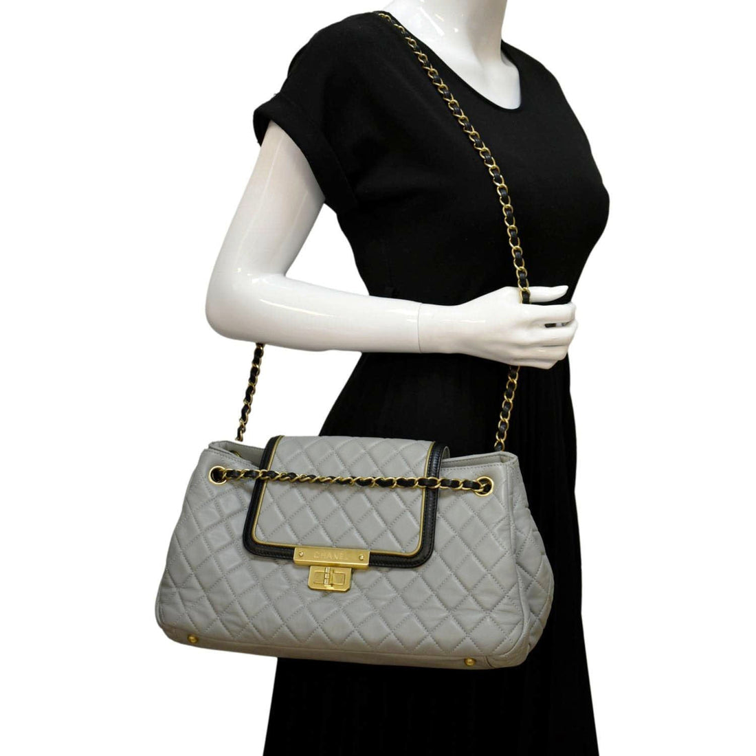 CHANEL East West Accordion Flap Quilted  Leather Shoulder Bag Grey
