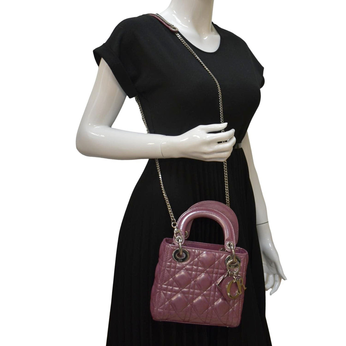CHRISTIAN DIOR Mini Lady Dior Pearlescent Cannage  Shoulder Bag Dark Pink