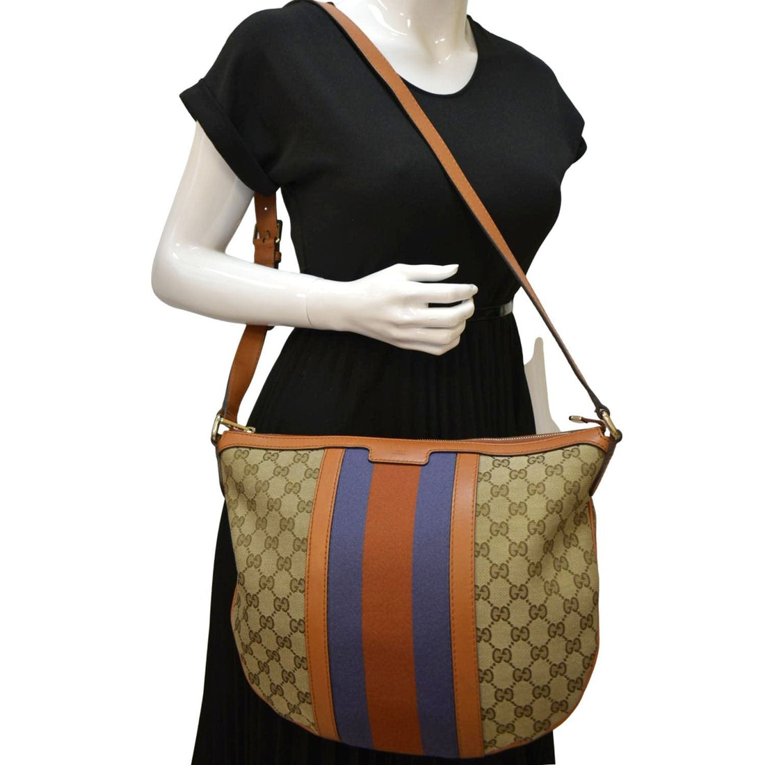 GUCCI Half Moon  Web GG Canvas Shoulder Bag Beige 257082