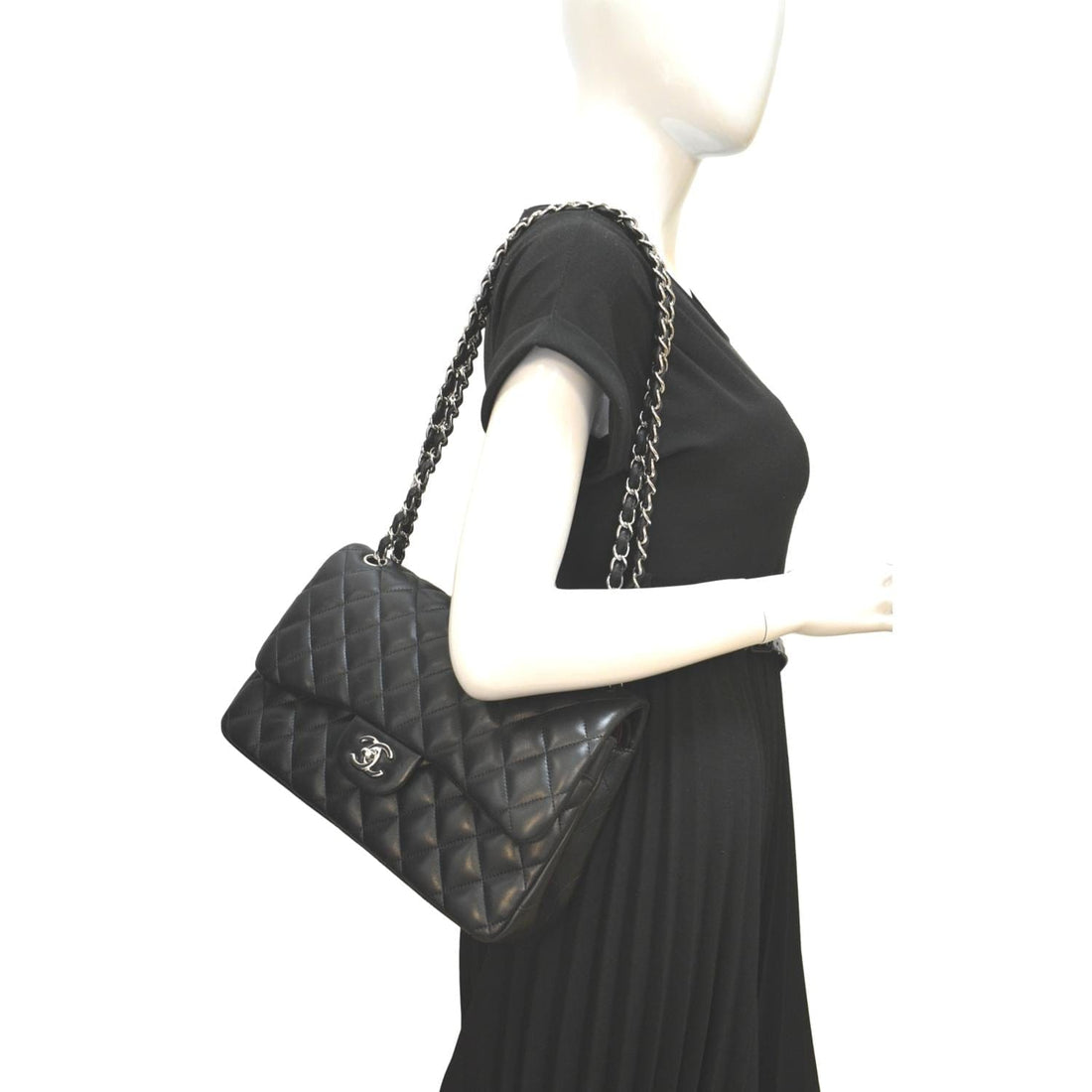 CHANEL Classic Medium Double Flap Quilted  Leather Shoulder Bag Black