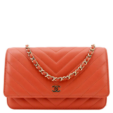 CHANEL CC WOC Chevron Leather Wallet On Chain Crossbody Bag Red