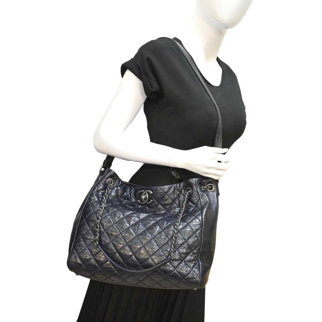 CHANEL Glazed Aged  Distressed Tote Shoulder Bag Blue