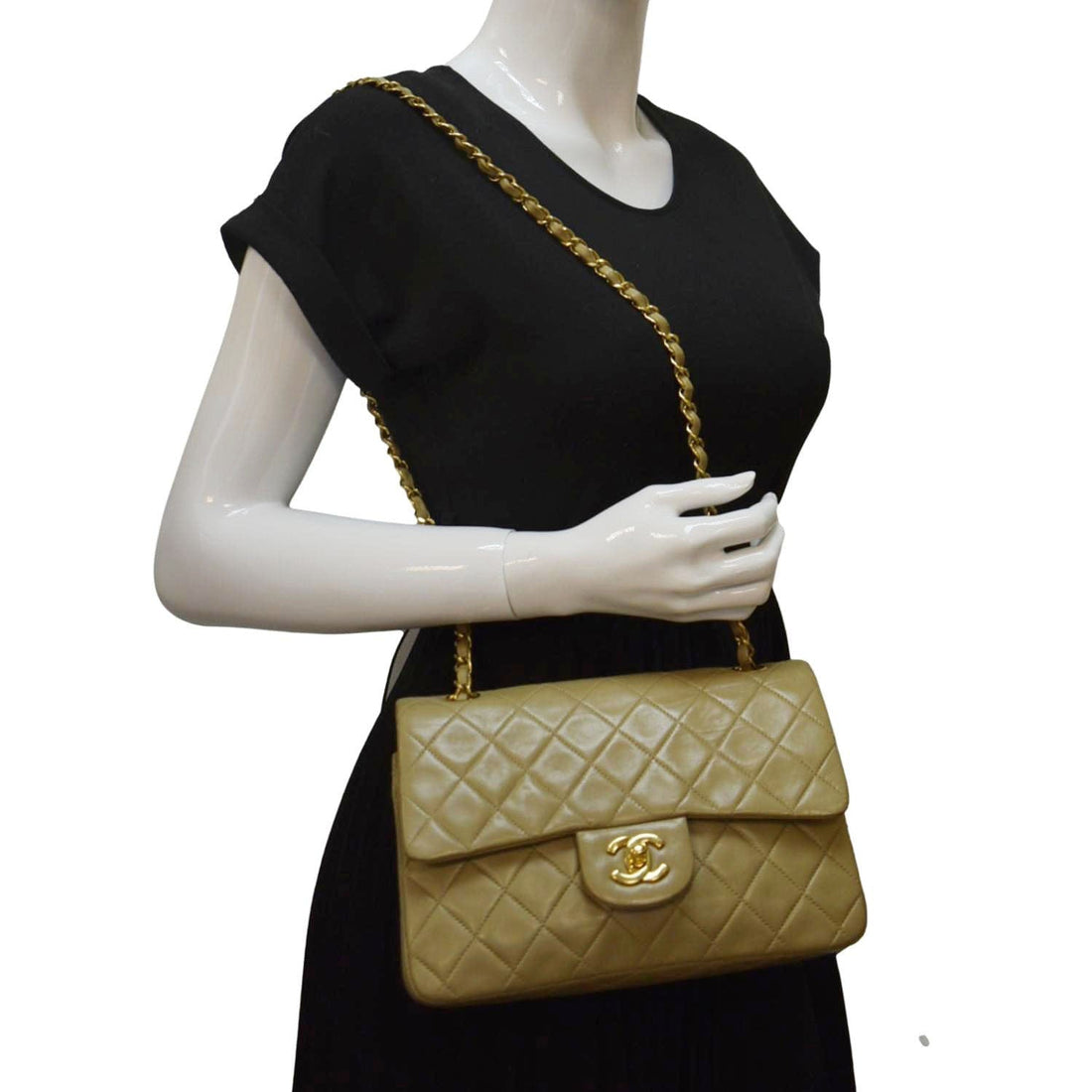 CHANEL Classic Double Flap Leather Shoulder Bag Beige