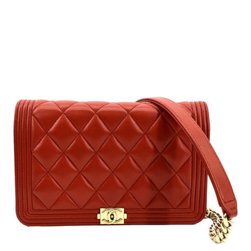 CHANEL Boy Woc Quilted  Leather Wallet On Chain Clutch Bag Red