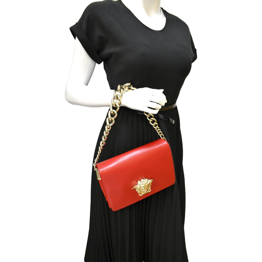 VERSACE Medusa  Leather Chain Clutch Bag Red