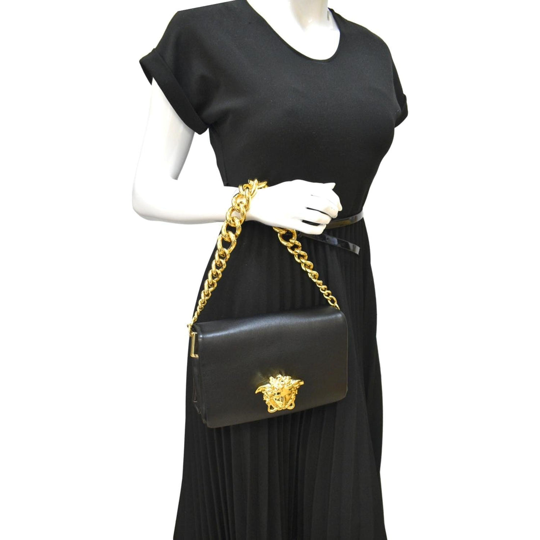 VERSACE Medusa  Leather Chain Clutch Bag Black
