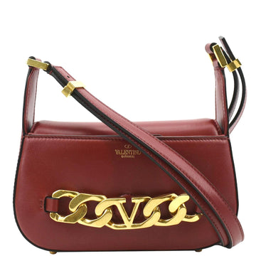 VALENTINO V Logo Chain Leather Shoulder Bag Red
