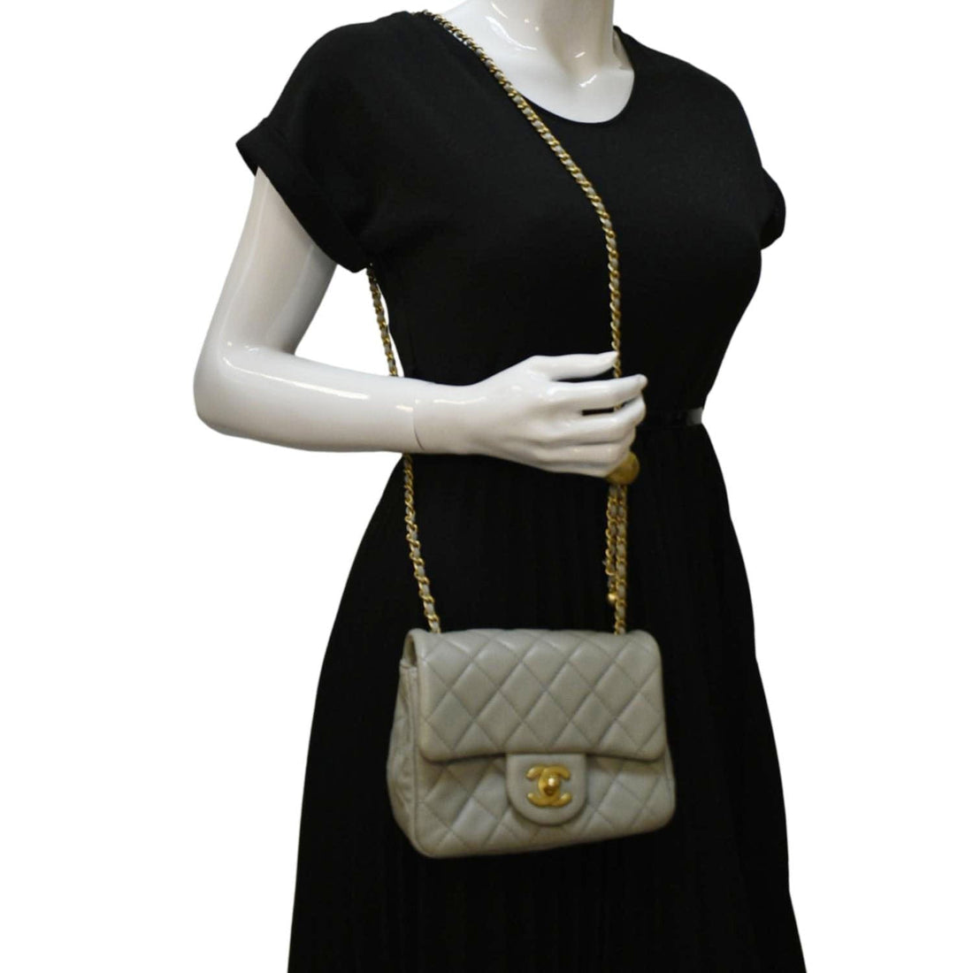 CHANEL CC Pearl Crush Mini Flap Quilted  Leather Shoulder Bag Light Grey