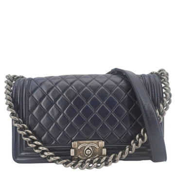 CHANEL Boy Flap Medium Quilted Lambskin Leather Crossbody Bag Navy Blue