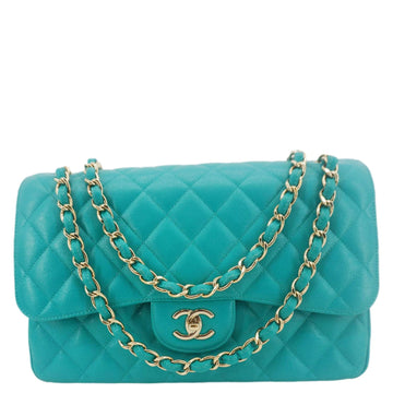 CHANEL Classic Double Flap Jumbo Quilted Caviar Leather Shoulder Bag Turquoise