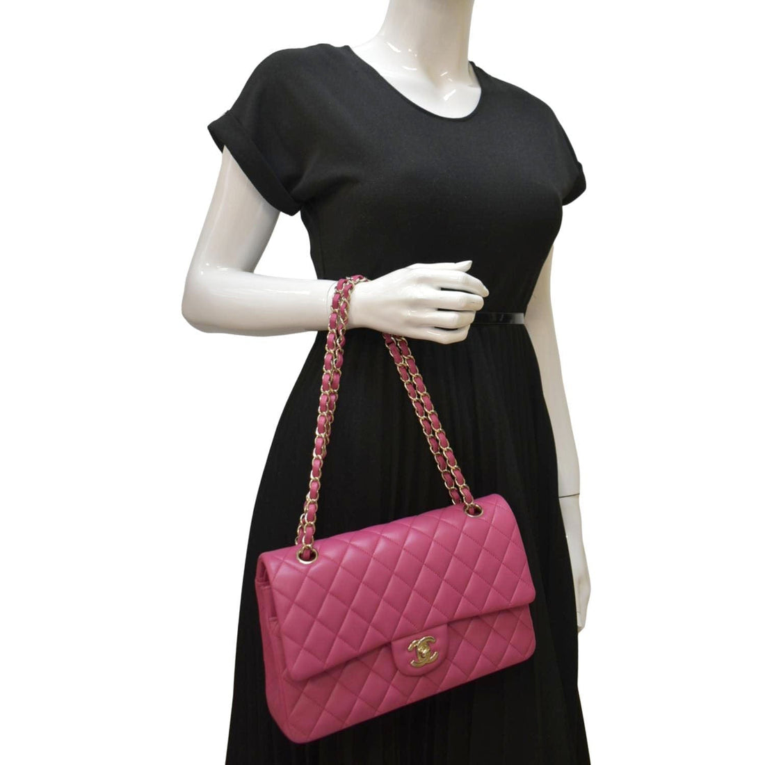 CHANEL Classic Medium Double Flap Quilted  Leather Shoulder Bag Pink
