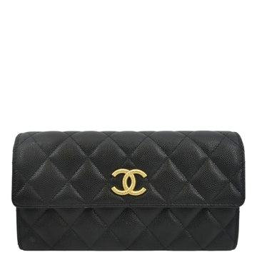 CHANEL Long Flap Quilted Caviar Wallet Black