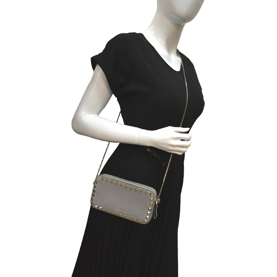 VALENTINO Double Zip Rockstud Leather Chain Crossbody Bag Grey