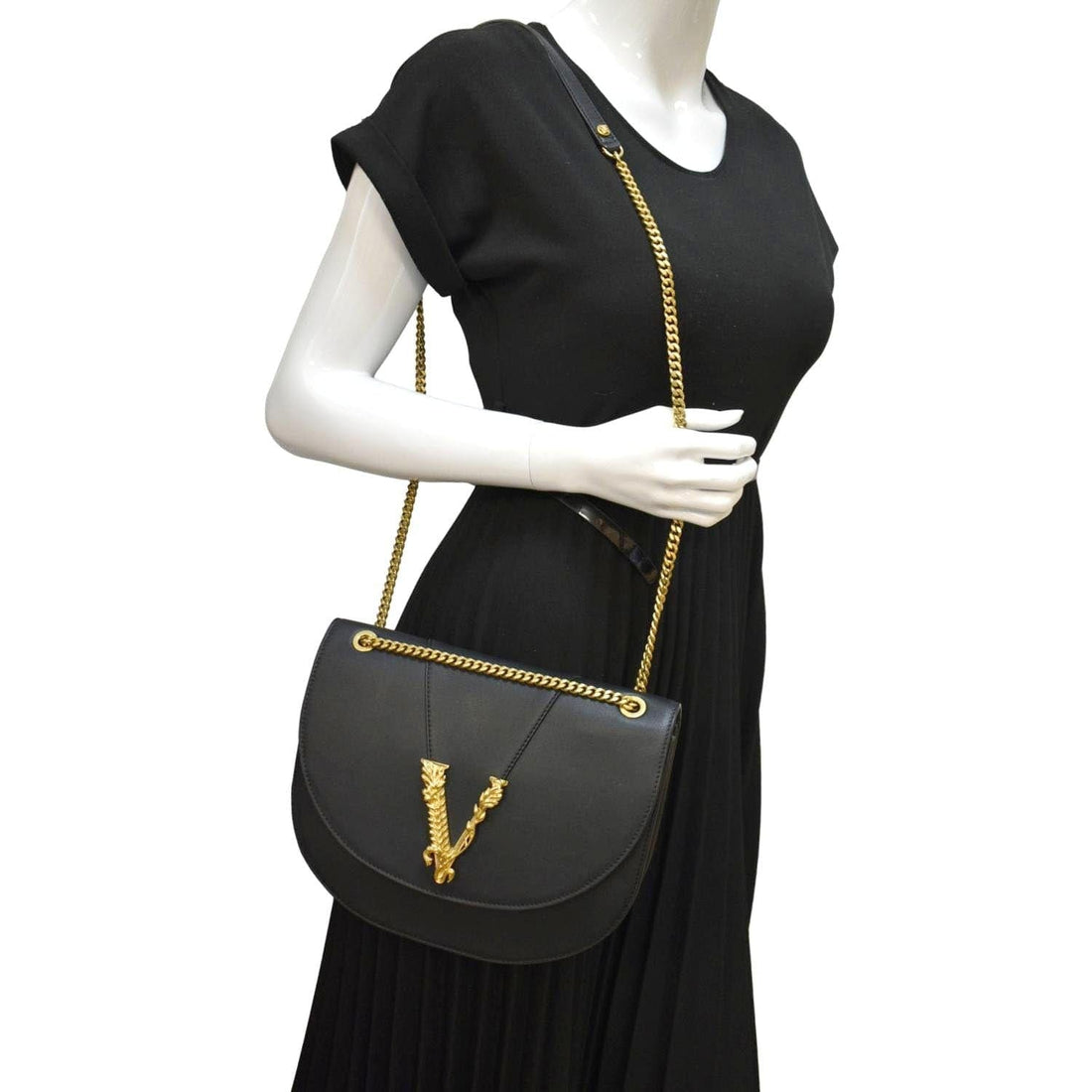 VERSACE Virtus Leather Chain Shoulder Bag Black