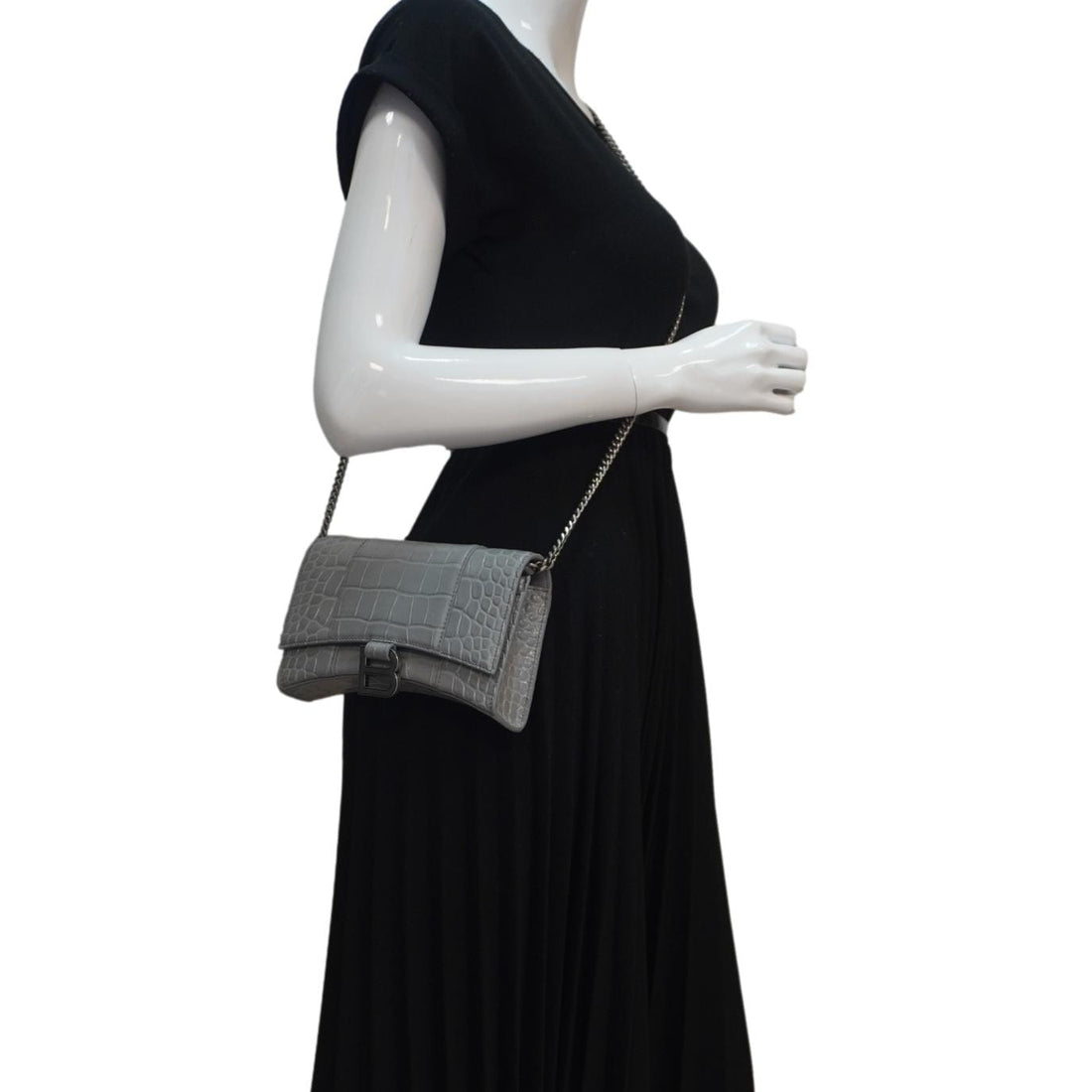 BALENCIAGA Hourglass Leather Chain Wallet Shoulder Bag Gray