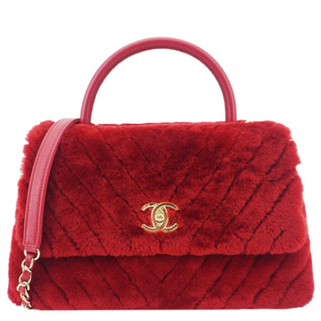 CHANEL Coco Handle Flap Shearling Chevron Shoulder Bag Red
