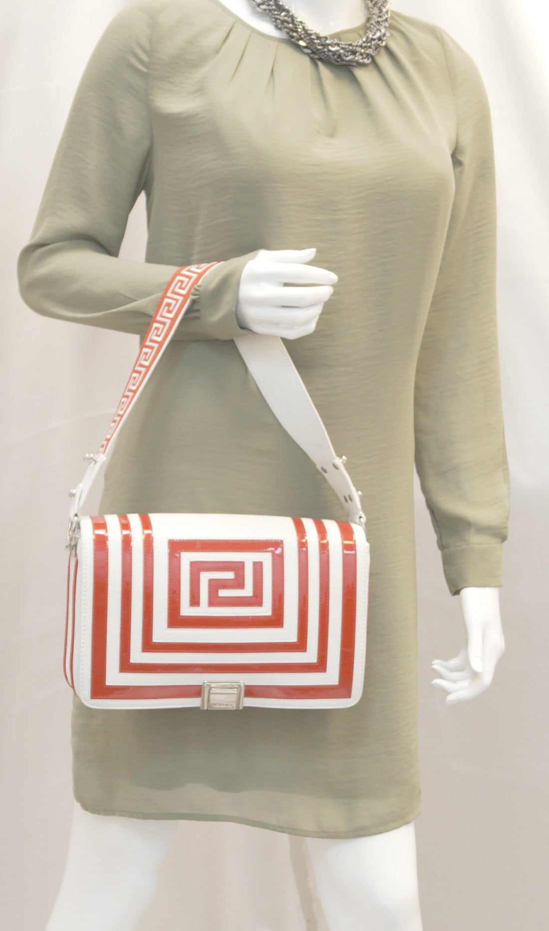Versace Patent Leather Red/White Short Handle Flap Shoulder Bag - Last Call