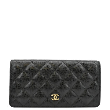 CHANEL Bifold Quilted Caviar Leather Long Wallet Black