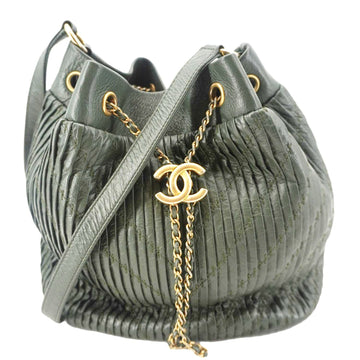 CHANEL Chevron Leather Drawstring Bucket Crossbody Bag Green