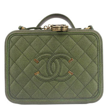 CHANEL Vanity Case Filigree CC Iridescent Quilted Caviar Leather Shoulder Bag Green