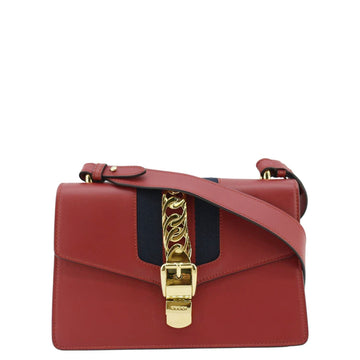 GUCCI Sylvie Small Web Leather Shoulder Bag Red 421882
