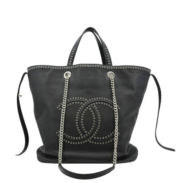 CHANEL Coco Eyelets Large Leather Shopping Tote Shoulder  Black