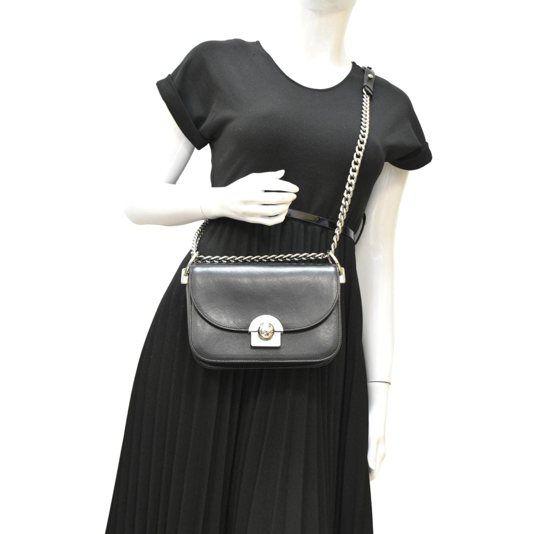 PRADA Arcade Glace  Leather Chain Crossbody Bag Black