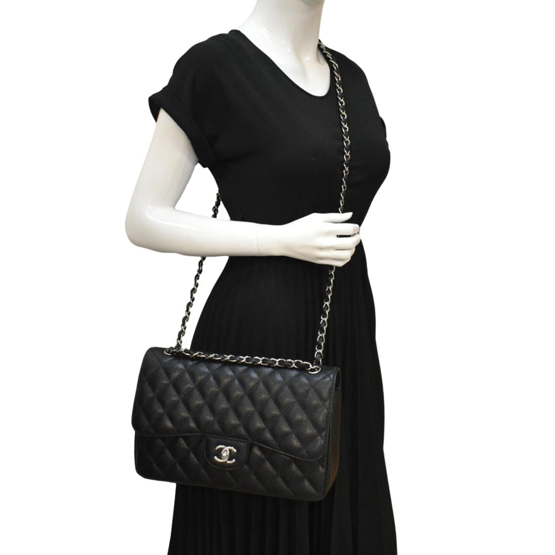 CHANEL Classic Jumbo  Double Flap Quilted Caviar Leather Shoulder Bag Black